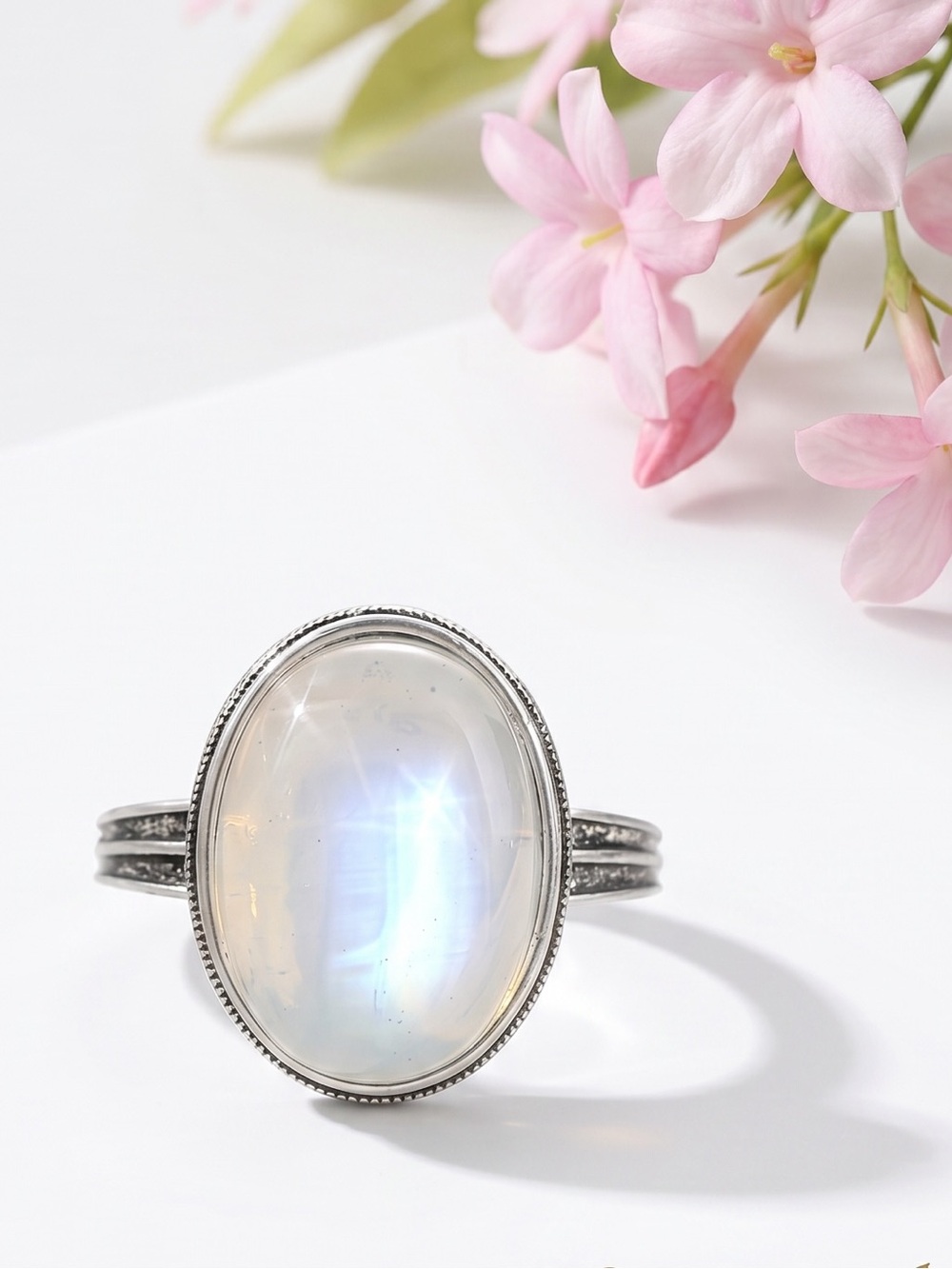 S925 Sterling Silver Plated Large Oval Moonstone Statement Ring - Iridescent!